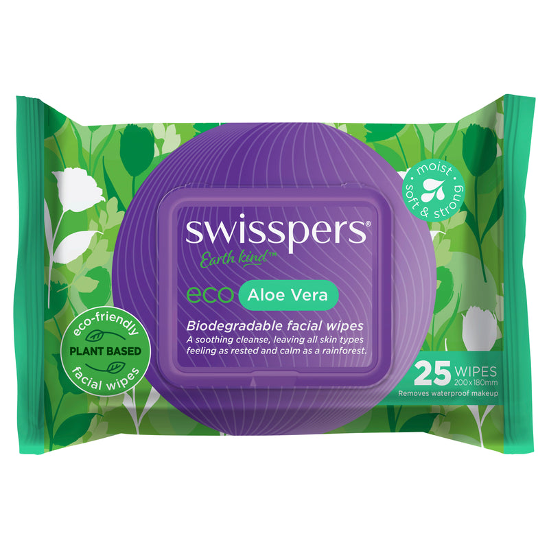 Swisspers Eco Aloe Vera Biodegradable Facial Wipes 25 Pack