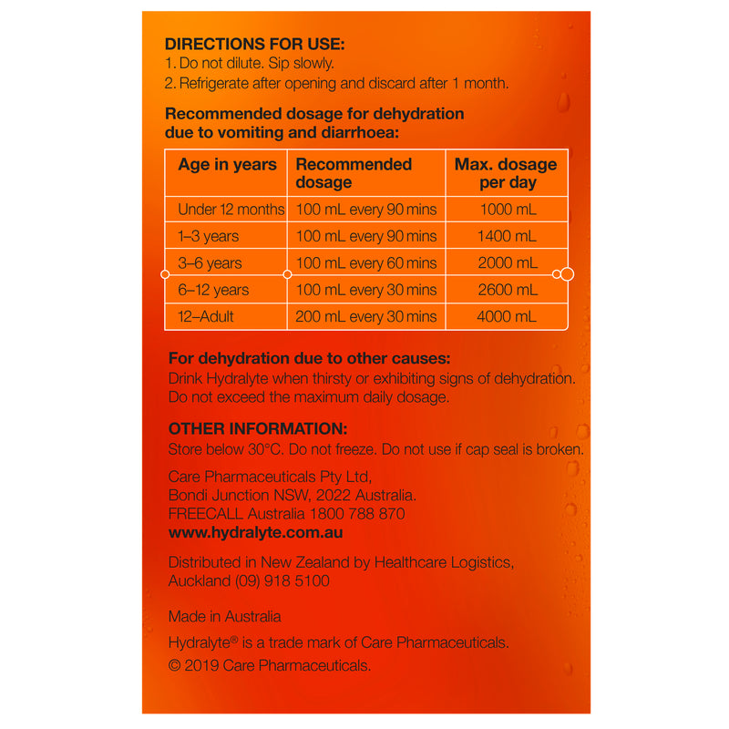 Hydralyte Ready to use Electrolyte Solution Orange Flavoured 4 x 250mL