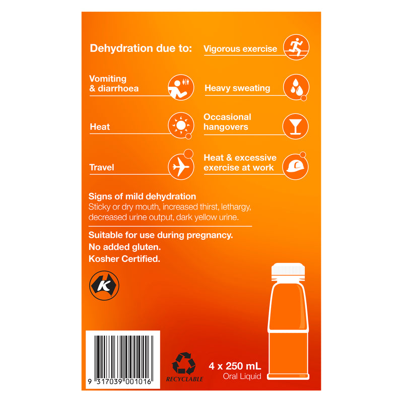 Hydralyte Ready to use Electrolyte Solution Orange Flavoured 4 x 250mL