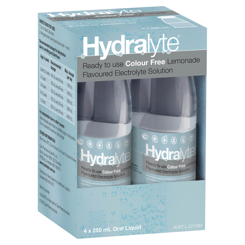 Hydralyte Ready to use Electrolyte Solution Colour Free Lemonade Flavoured 4 x 250mL