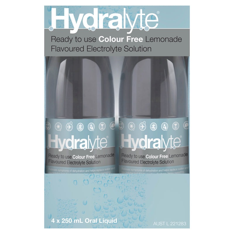 Hydralyte Ready to use Electrolyte Solution Colour Free Lemonade Flavoured 4 x 250mL