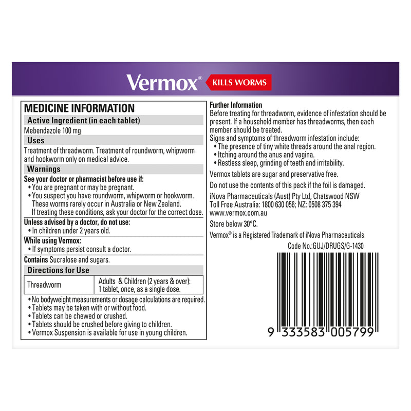 Vermox Worming Treatment Choc Chews 6 Tablets