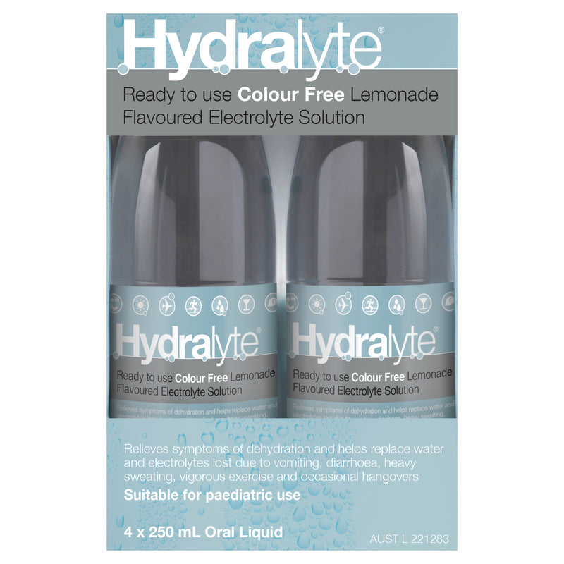 Hydralyte Ready to use Electrolyte Solution Colour Free Lemonade Flavoured 4 x 250mL