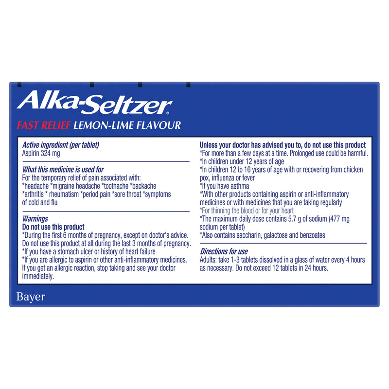 Alka-Seltzer Pain Relief Effervescent Tablets Lemon-Lime 20 Pack