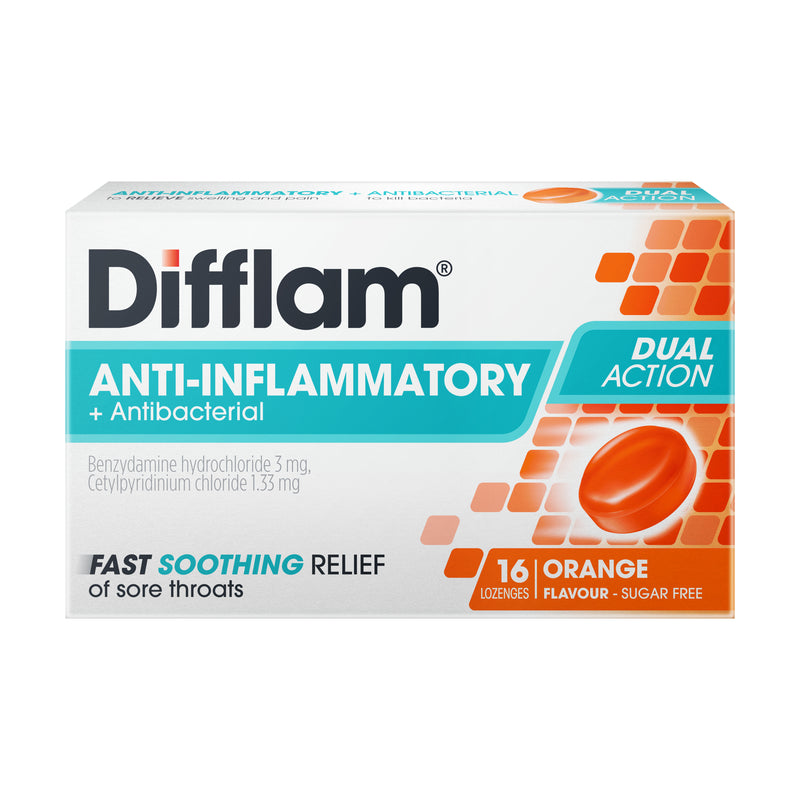 Difflam Sore Throat Lozenges Sugar Free Orange Flavour 16 Pack