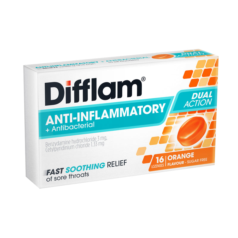 Difflam Sore Throat Lozenges Sugar Free Orange Flavour 16 Pack