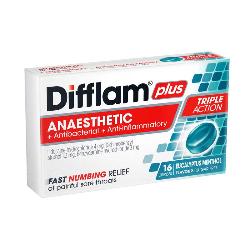 Difflam Plus Anaesthetic Sore Throat Lozenges Menthol & Eucalyptus Flavour 16 Pack