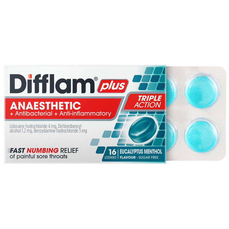 Difflam Plus Anaesthetic Sore Throat Lozenges Menthol & Eucalyptus Flavour 16 Pack