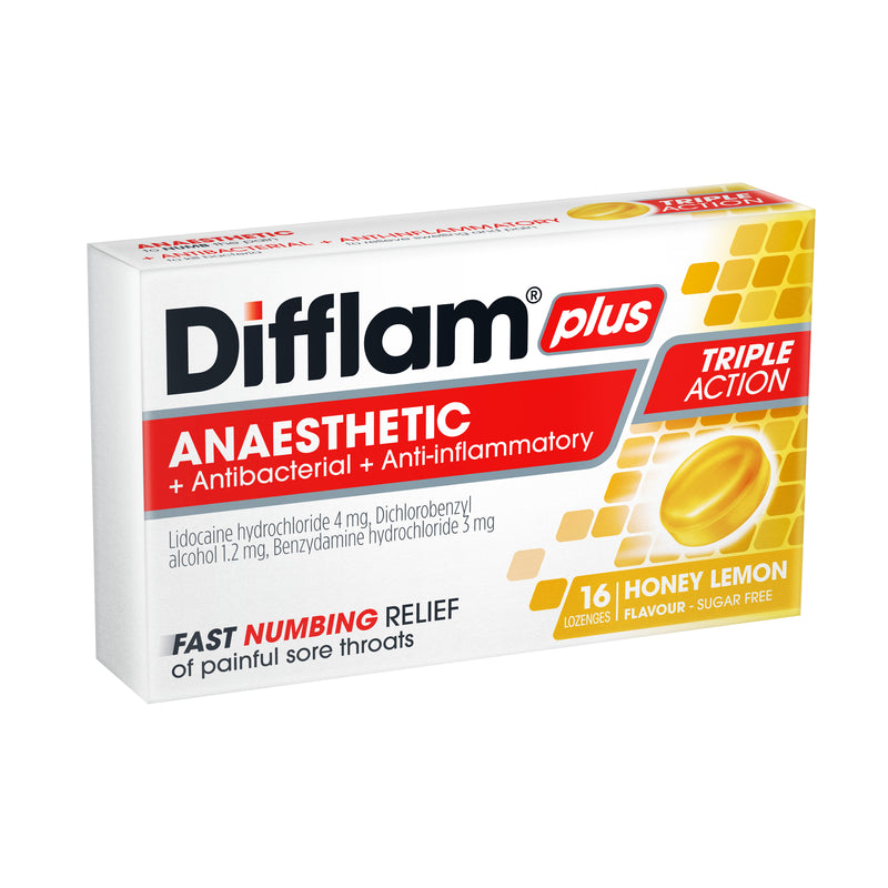 Difflam Plus Anaesthetic Sore Throat Lozenges Honey & Lemon Flavour 16 Pack