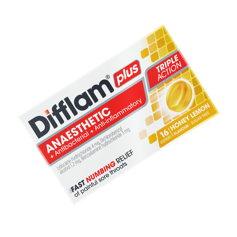 Difflam Plus Anaesthetic Sore Throat Lozenges Honey & Lemon Flavour 16 Pack