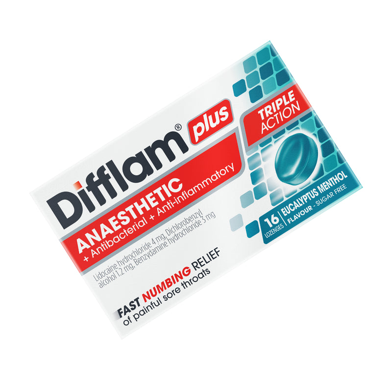 Difflam Plus Anaesthetic Sore Throat Lozenges Menthol & Eucalyptus Flavour 16 Pack