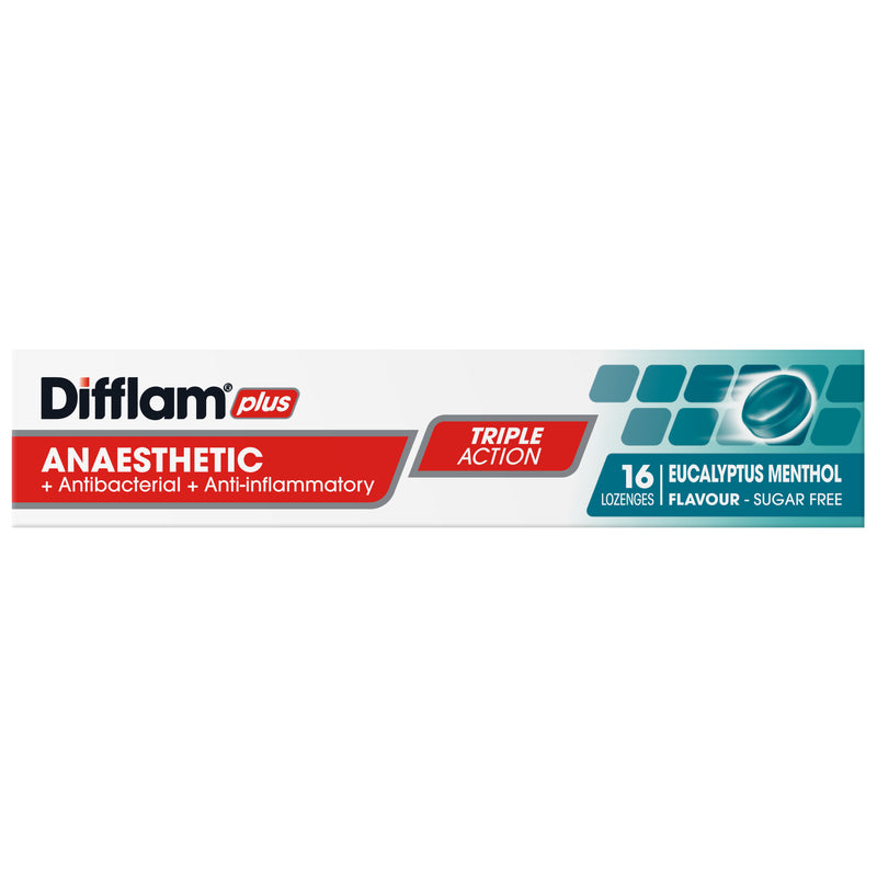 Difflam Plus Anaesthetic Sore Throat Lozenges Menthol & Eucalyptus Flavour 16 Pack