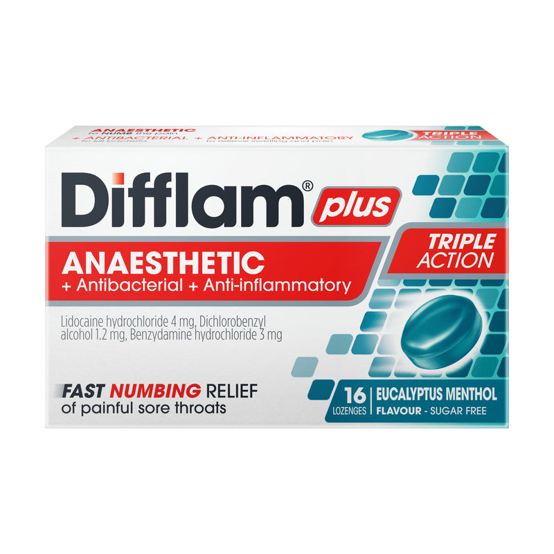 Difflam Plus Anaesthetic Sore Throat Lozenges Menthol & Eucalyptus Flavour 16 Pack