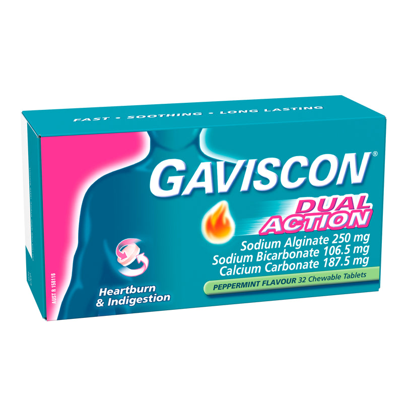 Gaviscon Dual Action Chewable Tablets Peppermint Heartburn & Indigestion Relief 32 Pack