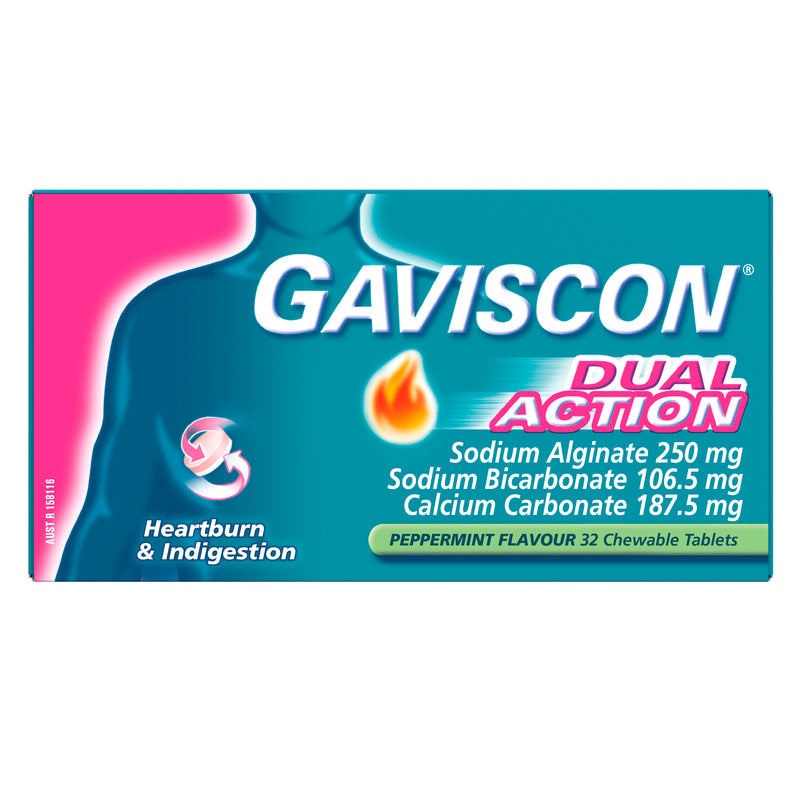 Gaviscon Dual Action Chewable Tablets Peppermint Heartburn & Indigestion Relief 32 Pack