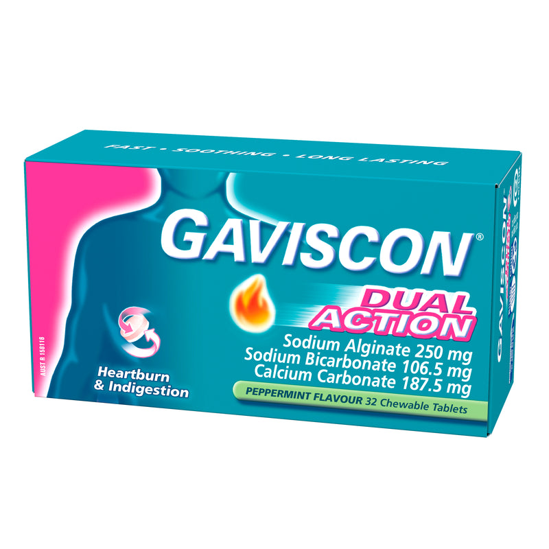 Gaviscon Dual Action Chewable Tablets Peppermint Heartburn & Indigestion Relief 32 Pack