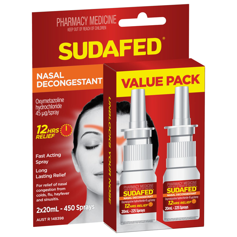 Sudafed Nasal Decongestant Sinus Relief Spray Value Pack 2x 20mL