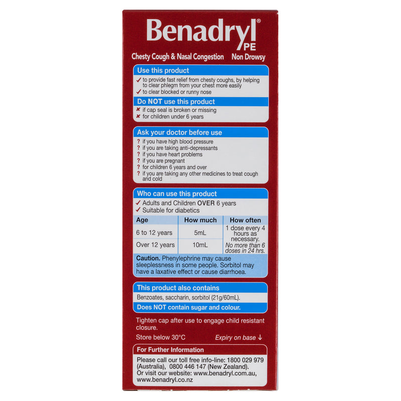 Benadryl PE Chesty Cough & Nasal Congestion Liquid Berry Flavour 200mL