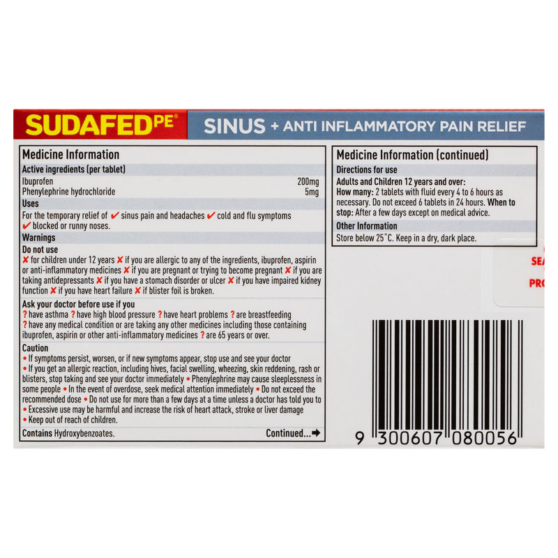 Sudafed PE Sinus + Anti-Inflammatory Pain Relief Tablets 24 Pack