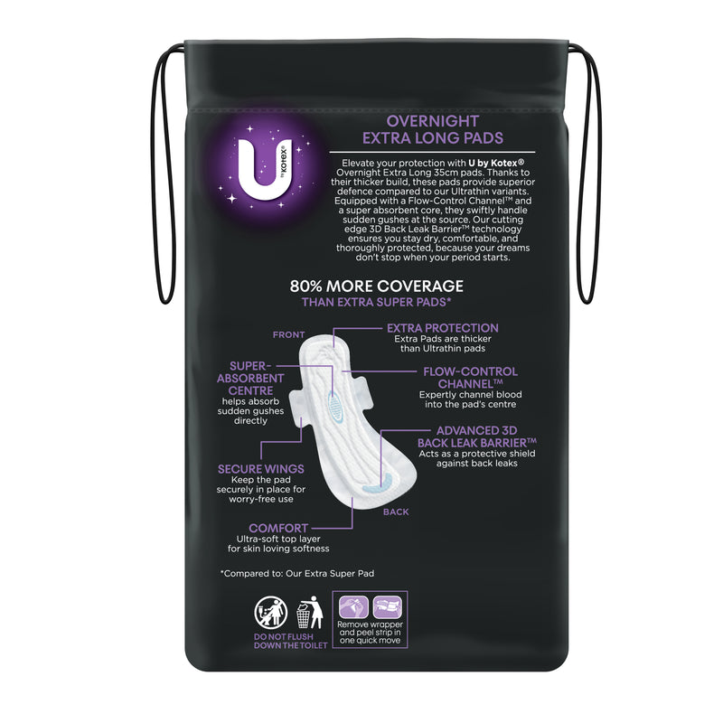 U by Kotex Extra Overnight Pads Long with Wings 8 Pack