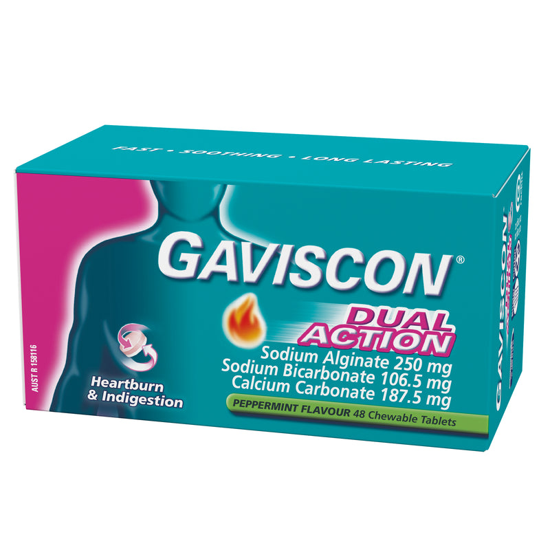 Gaviscon Dual Action Chewable Tablets Peppermint Heartburn & Indigestion Relief 48 Pack