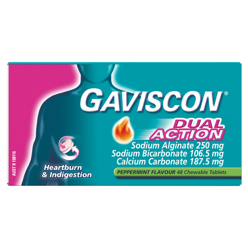 Gaviscon Dual Action Chewable Tablets Peppermint Heartburn & Indigestion Relief 48 Pack