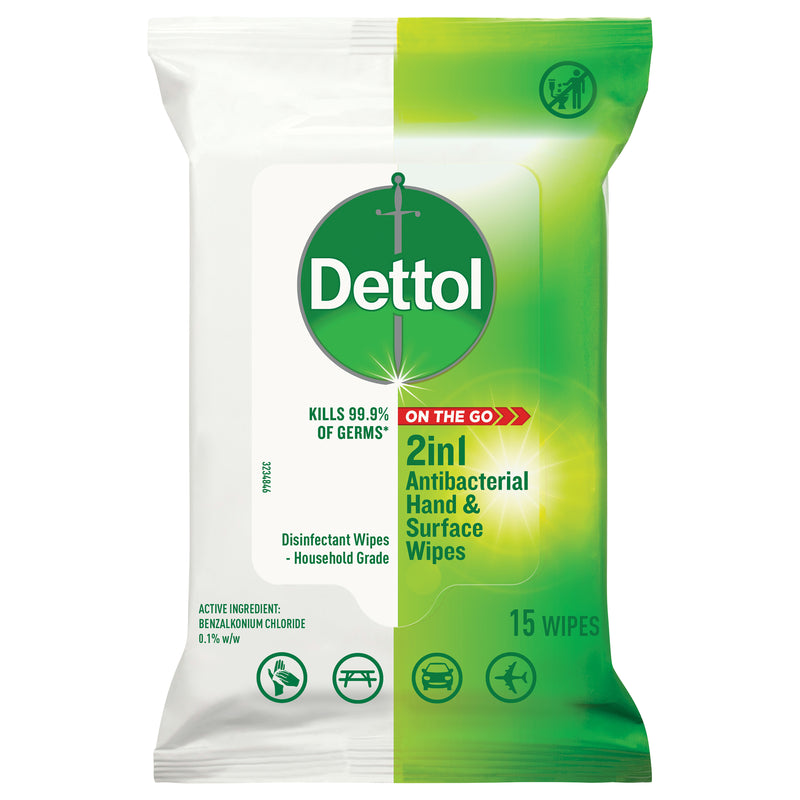 Dettol 2 in 1 Hands and Surfaces Antibacterial Wipes 15pk