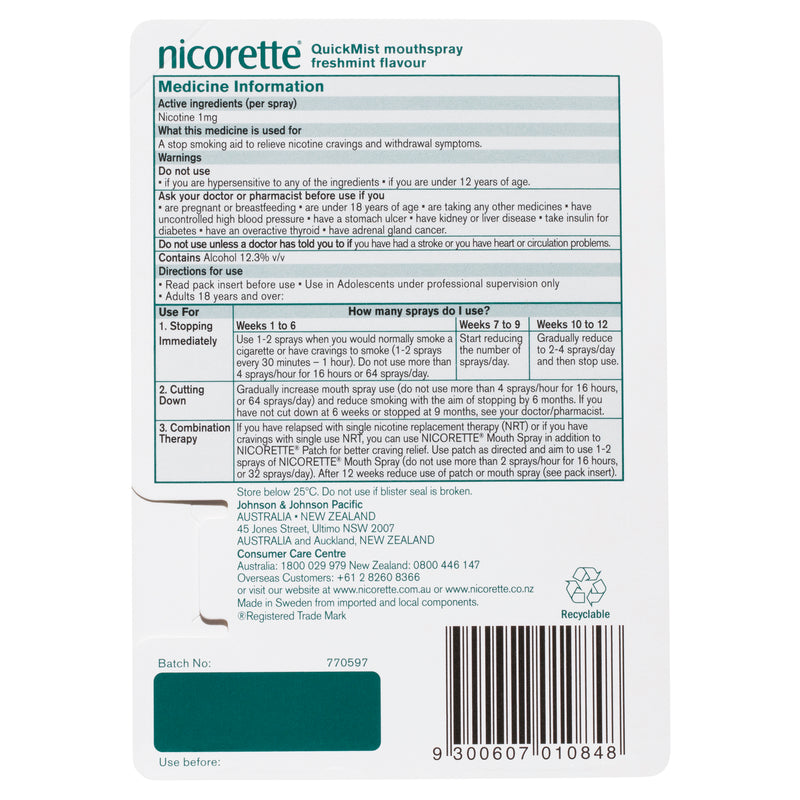 Nicorette Quit Smoking QuickMist Nicotine Mouth Spray Freshmint 150 Pack