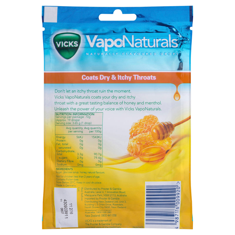 Vicks VapoNaturals Honey Flavoured Drops Naturally Flavoured  19s Resealable Bag